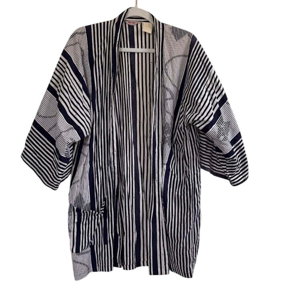 Vintage Marukyo Kyoto Tokyo Japanese Happi Coat Navy White Stripe Cotton Robe